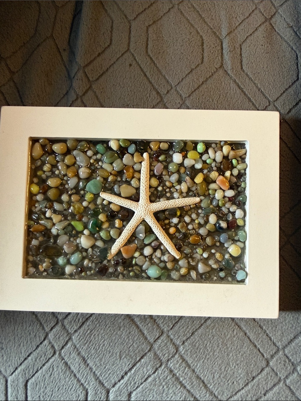 Framed Starfish & Pebble resin Beach Art in White Frame